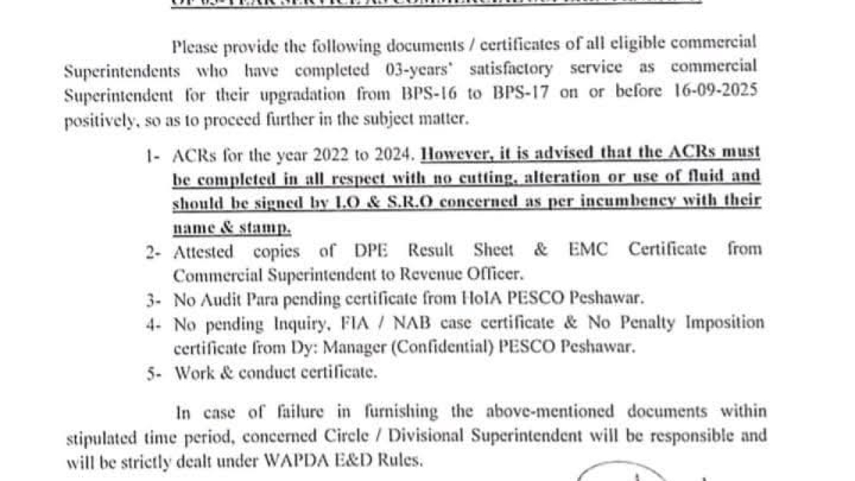 ONE STEP TIME SCALE UPGRADATION OF COMMERCIAL SUPERINTENDENT PESCO / WAPDA / DISCOs NTDC
