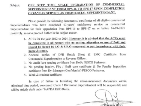 ONE STEP TIME SCALE UPGRADATION OF COMMERCIAL SUPERINTENDENT PESCO / WAPDA / DISCOs NTDC
